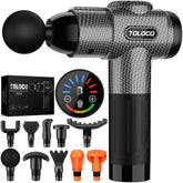 TOLOCO pistola de masaje frontal mostrando diseño ergonómico y potencia