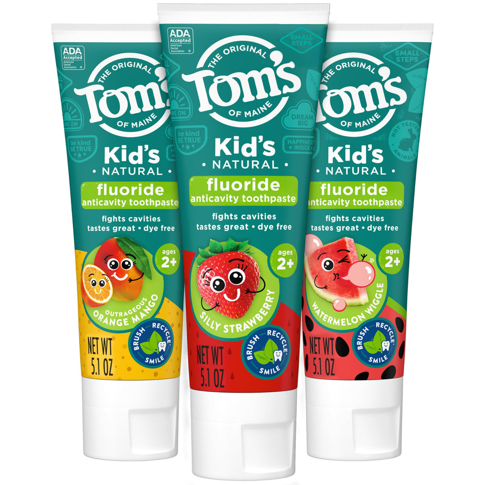 Tom's of Maine pack frontal mostrando los tres sabores y beneficio anticaries
