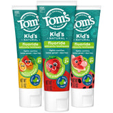 Tom's of Maine pack frontal mostrando los tres sabores y beneficio anticaries
