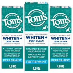 Tom's of Maine paquete frontal mostrando tres tubos y beneficio de limpieza profunda