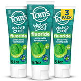 Tom's of Maine frente del paquete mostrando los tres tubos y beneficio conveniencia