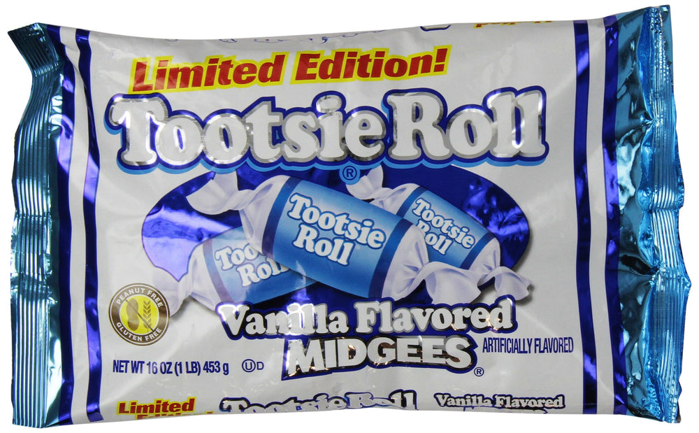 Tootsie Roll empaque frontal edición limitada vainilla mostrando la bolsa y conveniencia