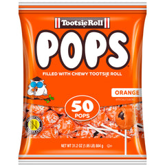 Tootsie Roll paquete frontal mostrando 50 paletas naranja y beneficio de surtido