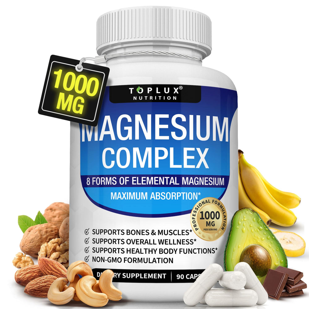 Toplux envase frontal del Magnesium Complex 8 mostrando 90 cápsulas y beneficio de fórmula completa