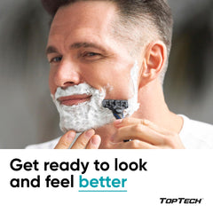 Toptech detalle de las tres cuchillas enfocadas, filo afilado para afeitado eficiente