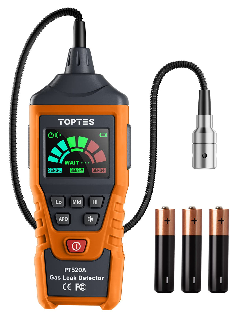 TOPTES PT520A frontal mostrando pantalla y alarma para detección rápida