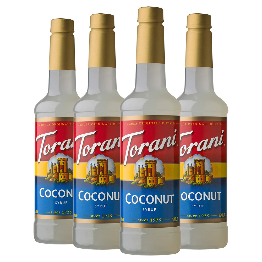 Torani caja frontal del pack de cuatro botellas mostrando presentación y ahorro