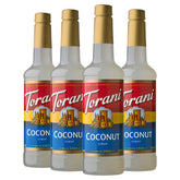 Torani caja frontal del pack de cuatro botellas mostrando presentación y ahorro