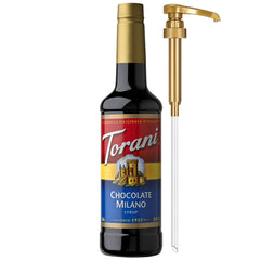 Torani botella frontal mostrando etiqueta Chocolate Milano y capacidad 750 ml, ideal para cafés