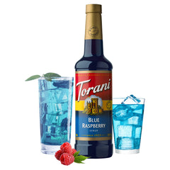 Torani frambuesa azul etiqueta en primer plano mostrando ingredientes y diseño
