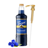Torani jarabe frambuesa azul frontal, botella grande y atractivo color