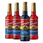 Torani front packaging showing four syrup bottles and bright colors for easy selection