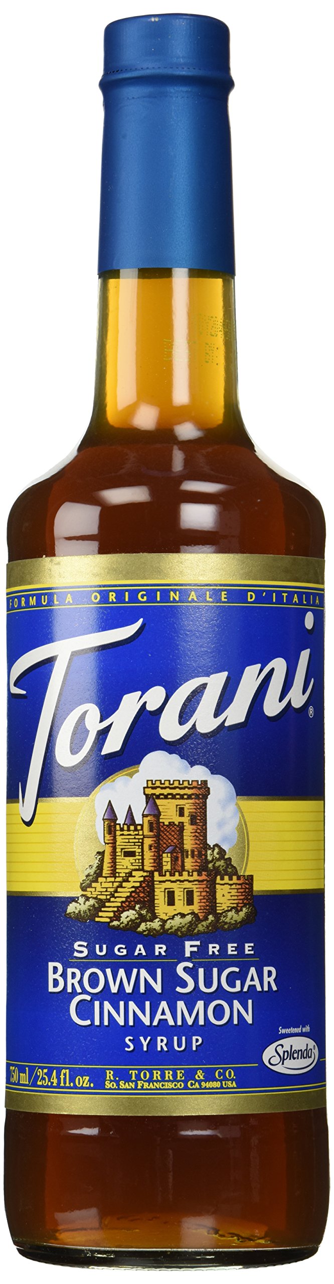 Torani botella frontal 750 ml mostrando etiqueta y sabor canela