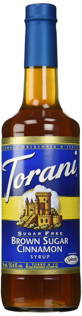 Torani botella frontal 750 ml mostrando etiqueta y sabor canela