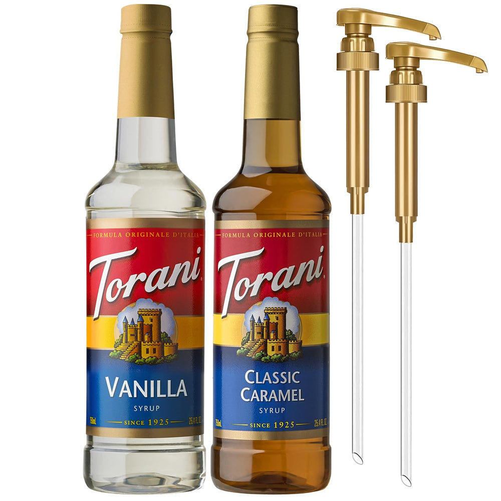 Torani pack frontal con botellas de vainilla y caramelo, presentación práctica