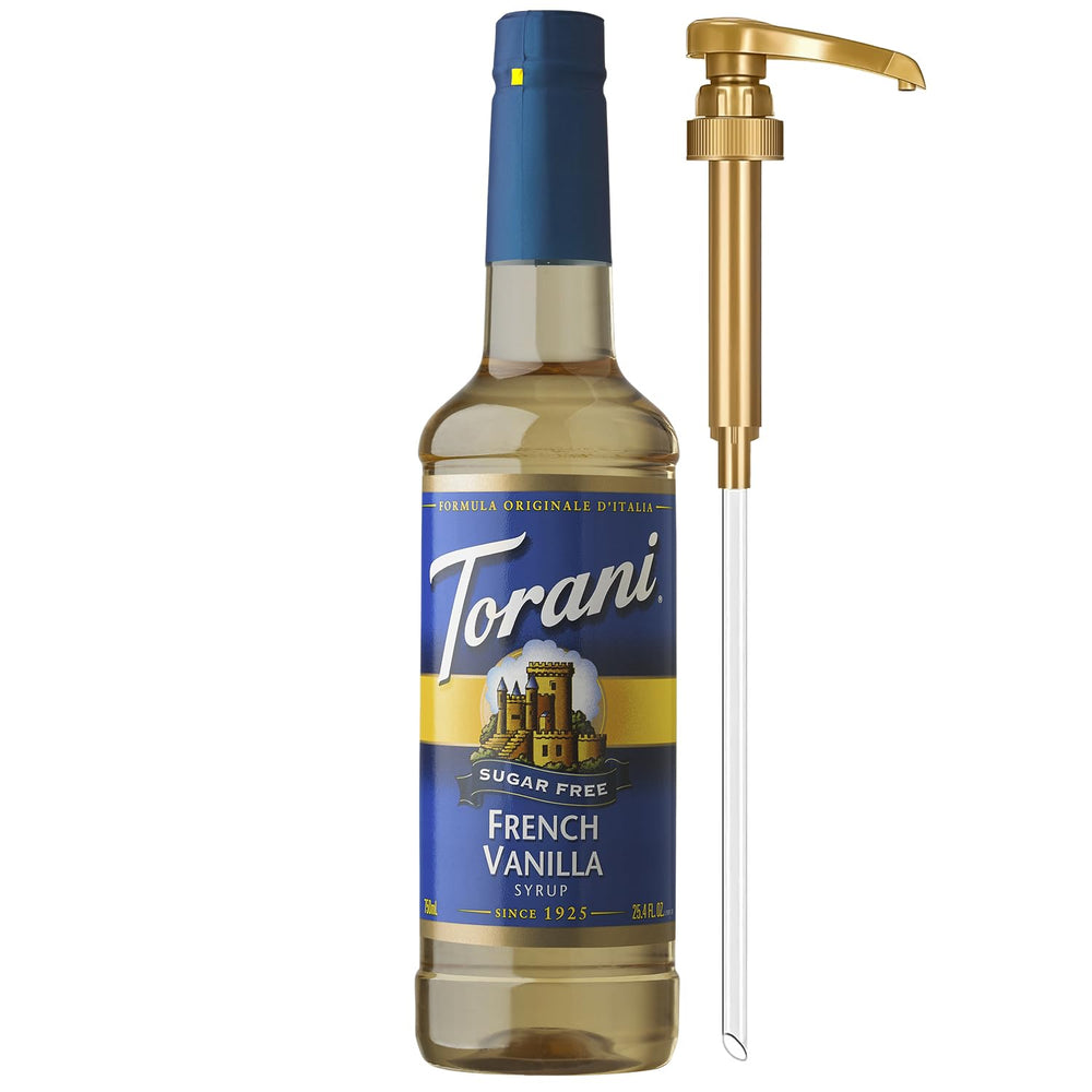 Torani jarabe French Vanilla frontal mostrando botella y beneficios