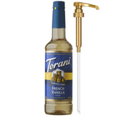 Torani jarabe French Vanilla frontal mostrando botella y beneficios
