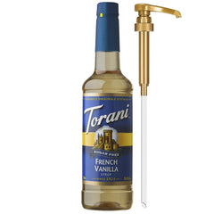 Torani jarabe French Vanilla frontal mostrando botella y beneficios