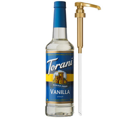 Botella Torani Sugar-Free Vanilla frontal mostrando la etiqueta y el tamaño práctico