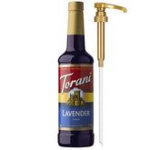 Torani botella frontal lavanda mostrando diseño y volumen útil
