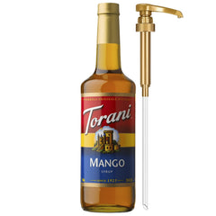 Botella Torani Mango frente mostrando etiqueta y capacidad 750 ml para sabor consistente