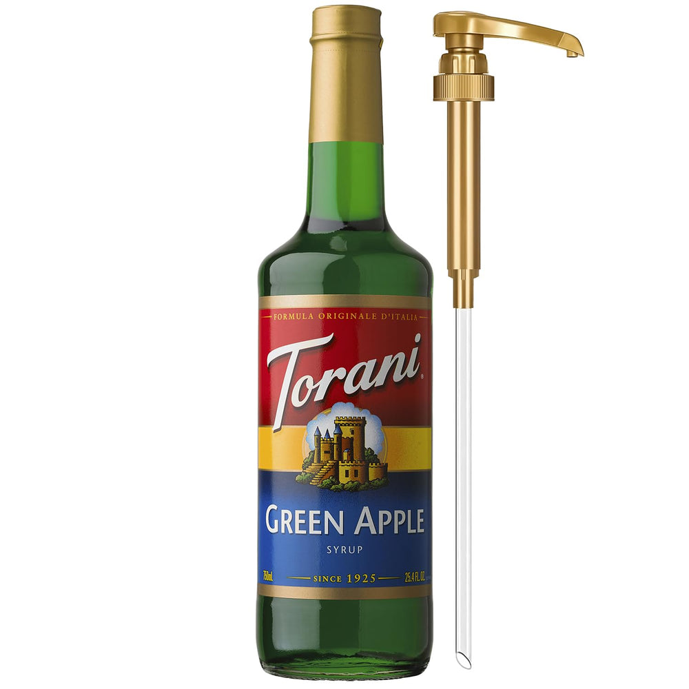 Torani botella frente mostrando color verde brillante y diseño reconocible