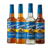 Torani pack frontal con cuatro botellas Sugar Free mostrando variedad de sabores y ahorro