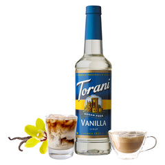 Torani etiqueta de vainilla detallada que resalta ingredientes naturales