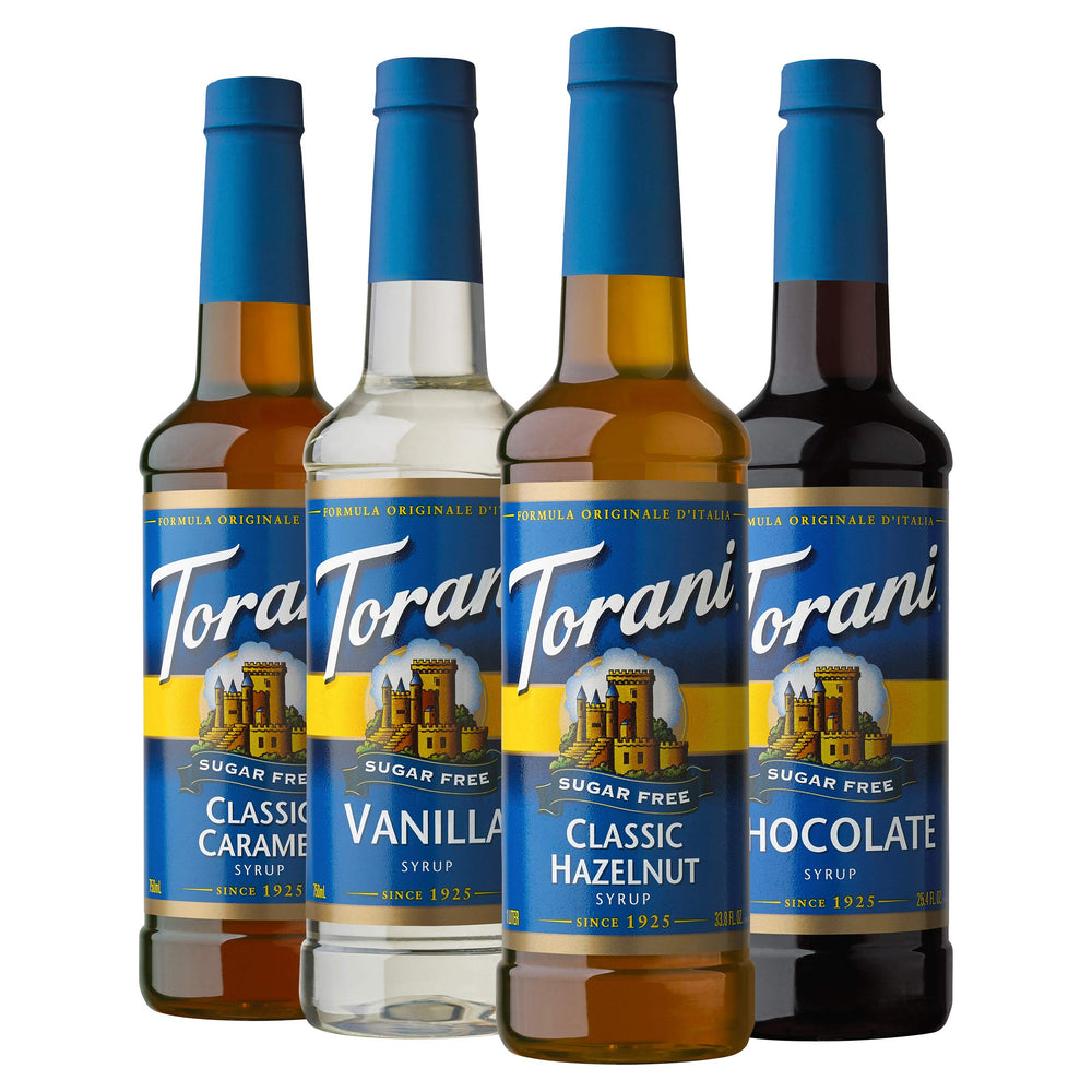 Torani variedad pack frente mostrando cuatro botellas y sus sabores