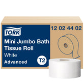 Tork frente del producto mostrando rollo mini jumbo y beneficio de alta capacidad
