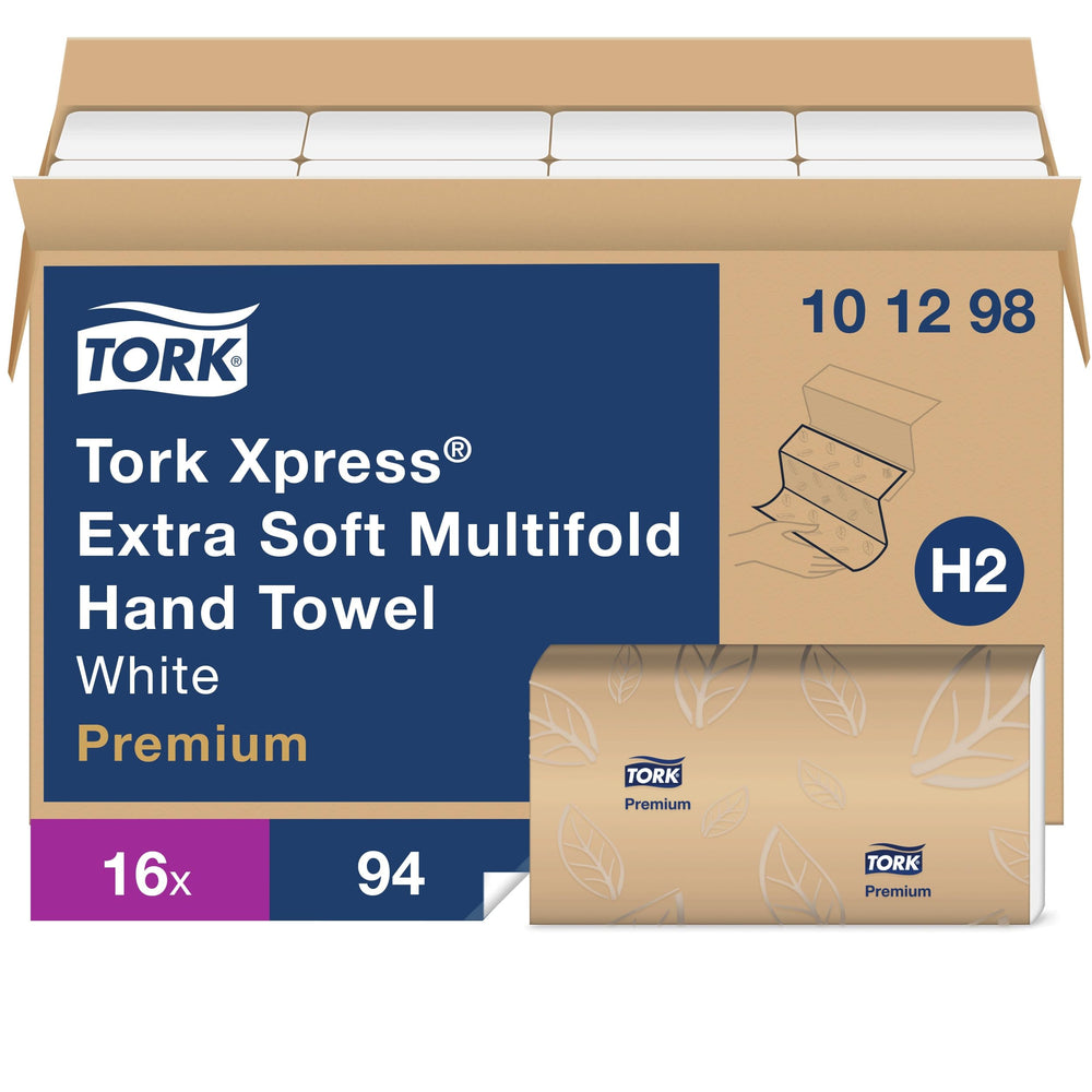 Tork toalla multifold frente del paquete mostrando diseño y beneficios de uso