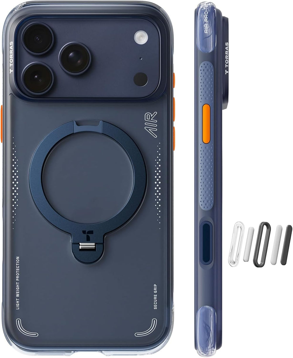 TORRAS vista frontal de la funda azul medianoche con soporte integrado, protección visible