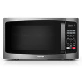 TOSHIBA microondas frontal en acero negro, diseño moderno y fácil limpieza