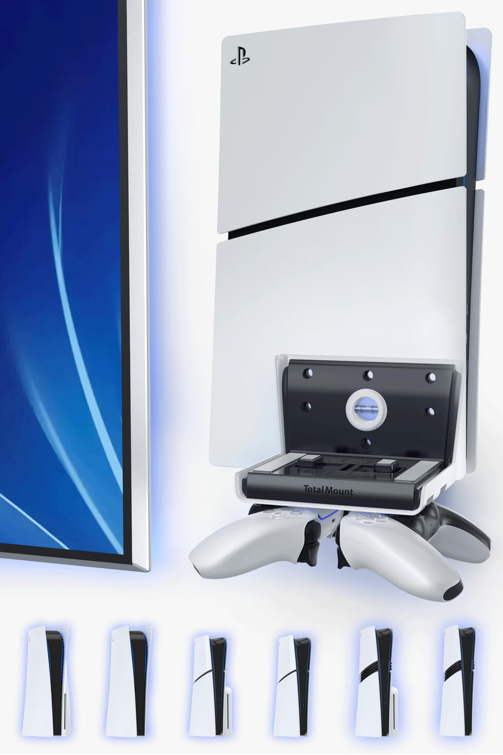 TotalMount front view of mounted PS5 showing secure hold and tidy appearance