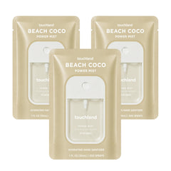 Touchland spray Beach Coco frente del pack, hidratación y aroma práctico