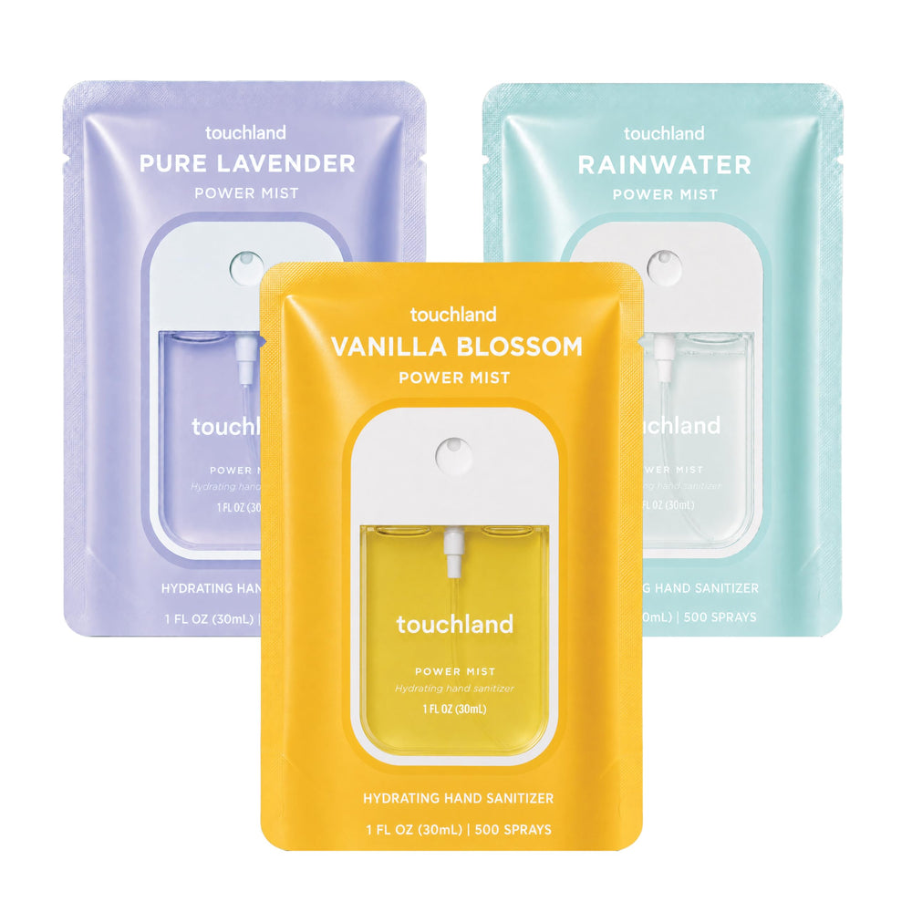 Touchland Blossom Trio vista frontal con tres sprays, práctico para viajar
