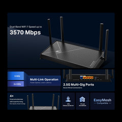 TP‑Link Archer BE230 puertos traseros con dos 2.5Gbps, proporciona conexiones multigigabit