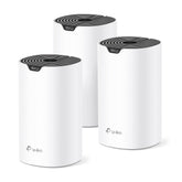 TP-Link Deco S4 frontal del pack mostrando las tres unidades y cobertura uniforme