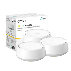 TP-Link Deco 7 BE23 frontal del kit 3 mostrando diseño compacto y cobertura