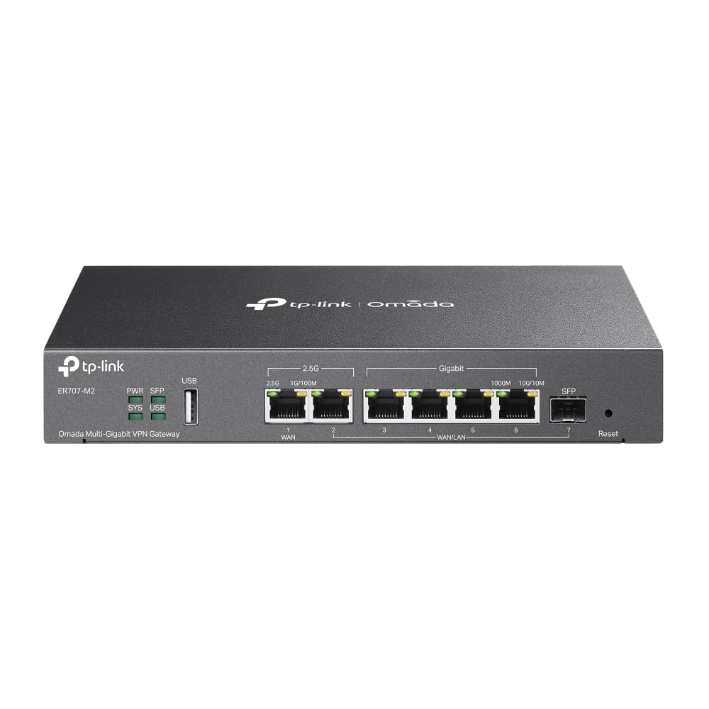 TP-Link ER707-M2 frontal mostrando puertos multi-gigabit y rendimiento
