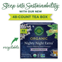 Traditional Medicinals primer plano de bolsita compostable y textura, destaca sostenibilidad