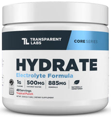 Transparent Labs envase frontal mostrando el diseño y beneficio de hidratación rápida