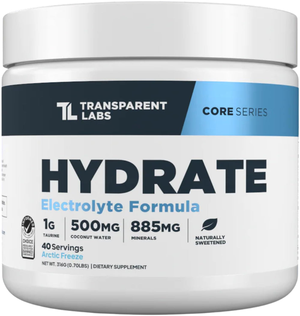 Transparent Labs frasco frontal mostrando diseño y sabor Arctic Freeze, hidratación rápida