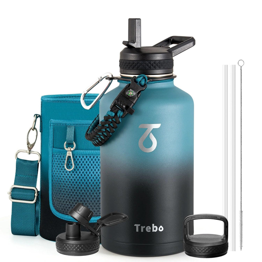 Trebo vista frontal de la botella 64 oz mostrando diseño resistente y capacidad