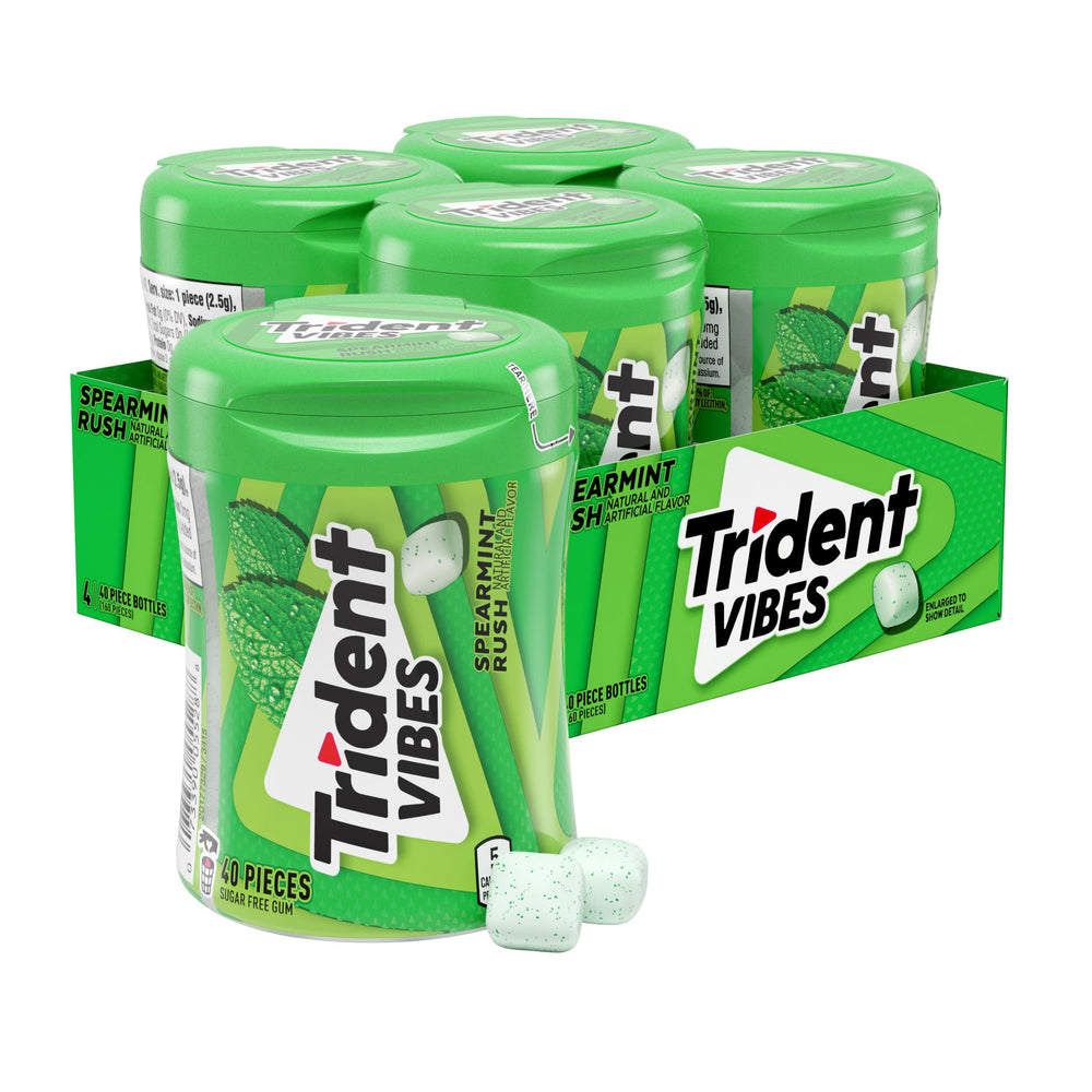 Trident bottle front showing spearmint gum for quick breath refreshment