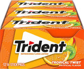 Trident frente del paquete muestra sabor tropical y conveniencia