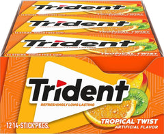 Trident frente del paquete muestra sabor tropical y conveniencia