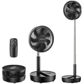TriPole ventilador de pie vista frontal mostrando diseño y beneficios portátiles