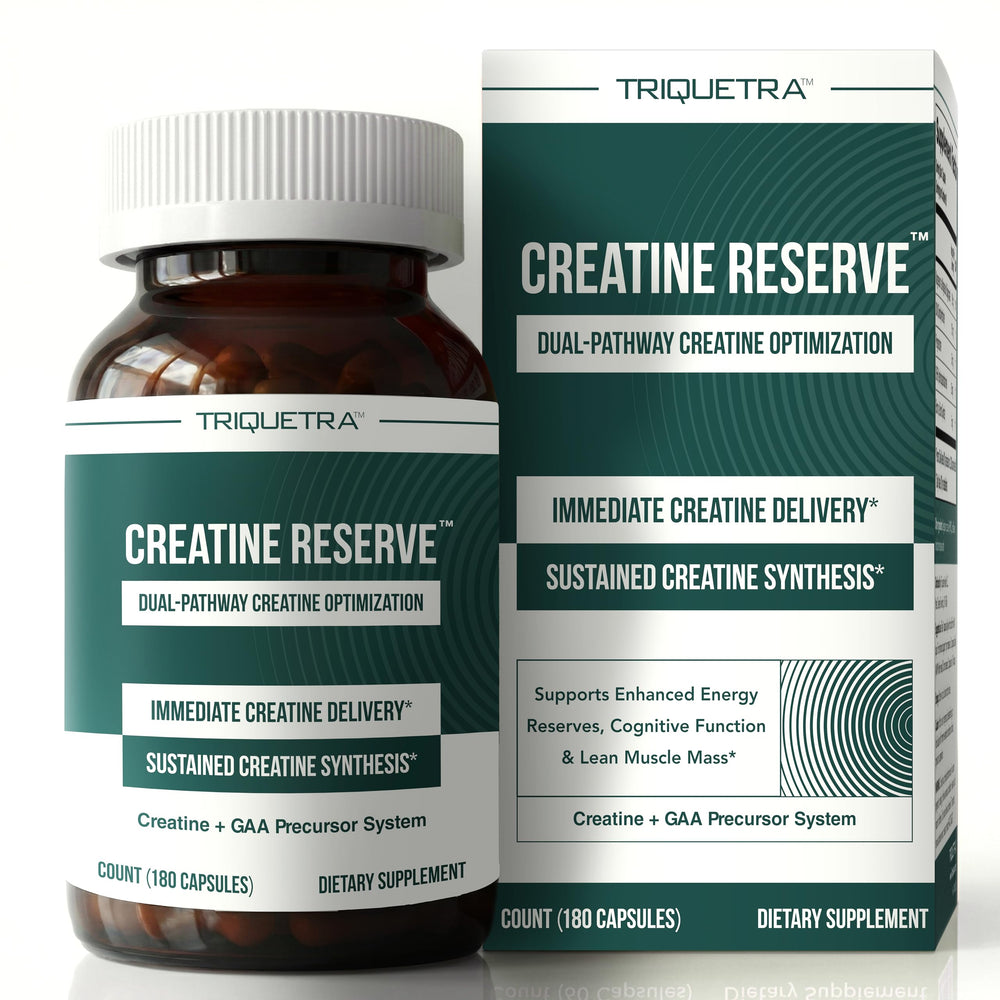 Triquetra Health frasco frontal mostrando Creatine Reserve y beneficios