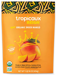Tropicaux Reign paquete frontal mostrando el producto y tamaño, atractivo para snack